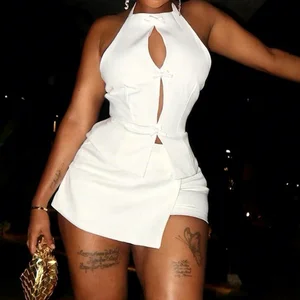 GX10491 Fashion Elegant Women Summer Clothing Street Wear Sleeveless Halter Bow Design Tops and Skirt Shorts 2 Piece Set