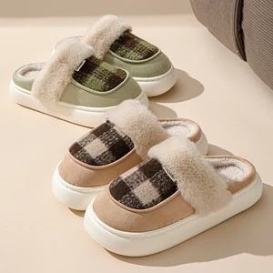 Couple's Comfortable Indoor Winter for Slippers Stylish Thick Plush Home Waterproof Closed-Toe Design Plaid Anti-Slippery
