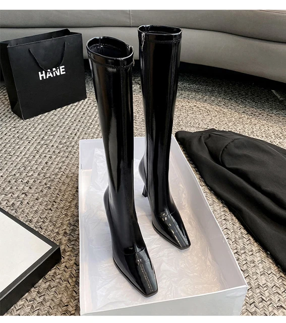 Custom wholesale women's shoes long fashion sexy boots winter pointy stiletto heels patent leather knee-high boots