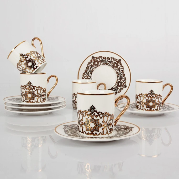 Arabic New Gold Color Luxury Coffee Cup and Saucer Set Porcelain Thin ...