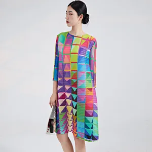 Miyake Pleated Dress Women Summer Casual Loose Elastic Plus-size Dress Stretch Print Color Midi Dress