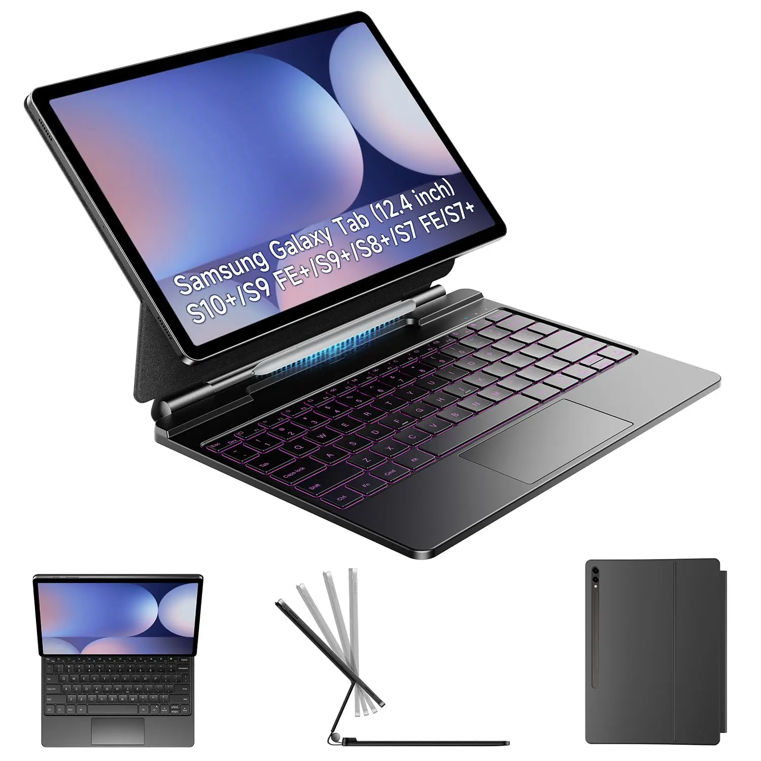 étui-clavier 12,4 pouces pour Samsung Galaxy Tab S10 / S9 / S9 FE / S8 / S7, avec trackpad, rétroéclairage, support intégré pour stylet S Pen, support magnétique, léger, Laudtec