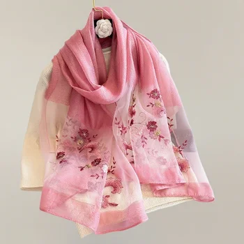 Summer New Lightweight Soft 192*70Cm Silk Blend Scarves Wraps Flower Embroidered Shawls and Scarves Luxury Hijabs Scarf Women