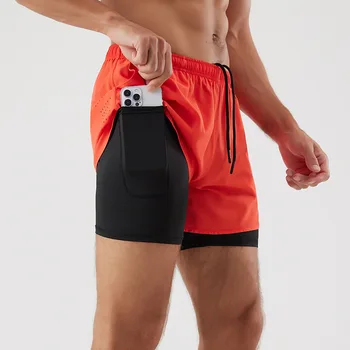 OEM LOGO 2 in 1 Summer Fast Dry Sport Gym Men's Shorts 5 Inch with Pockets