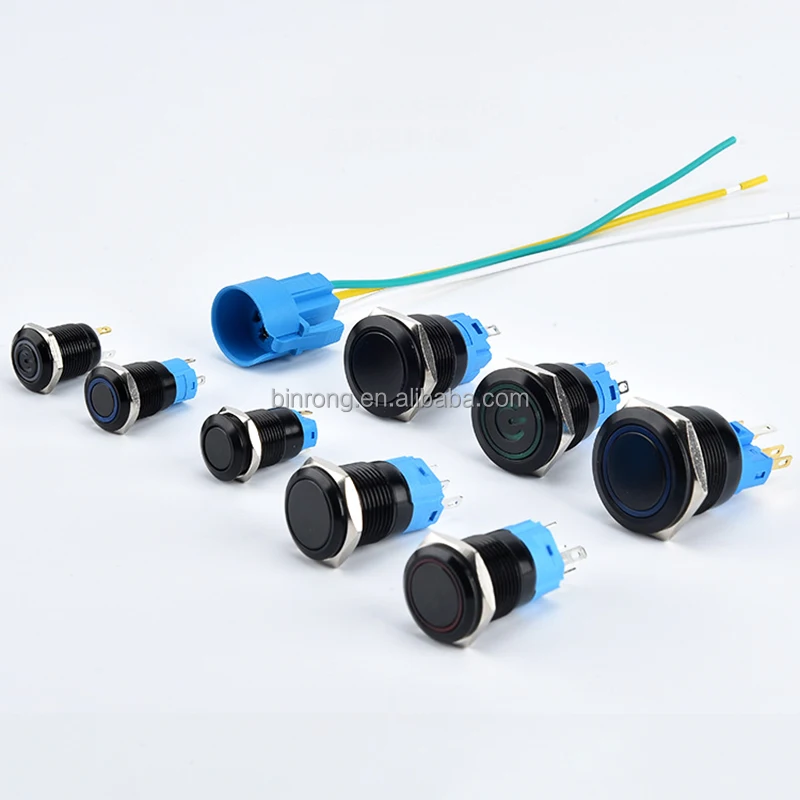 16mm 12V LED Push Button Power Switch - Latching On/Off With Wire Harness, Silver, 5A