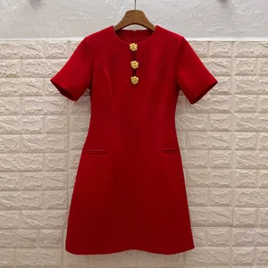 Factory Wholesale Cross-border for European American Mini Dress Women Ladies A-Line Rose Button  Elegant Short-sleeved Party