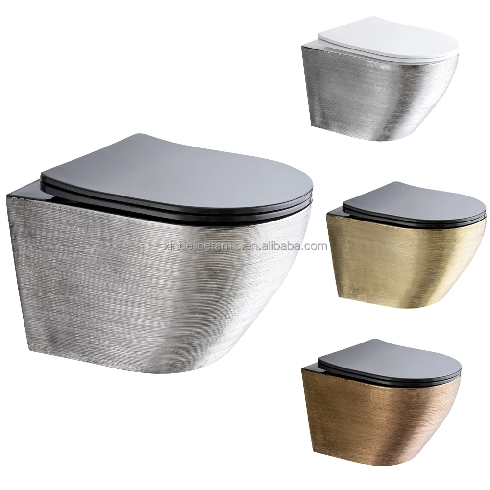 Silver Drawing Pattern Modern Home Bathroom Ceramic Rimless Wall Mounting  Wall Hung Wc Hanging P Trap Toilet