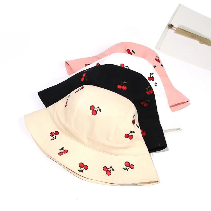 Hat,Cherry Embroidered Bucket Hat 