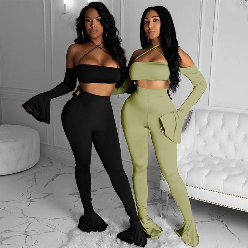 Women Sexy Club Outfits Winter Fall Birthday Clothes Off Shoulder Flare  Long Sleeve Crop Top Pants Two Piece Set - Buy Long Sleeve Crop Top Pants  Two Piece Set,Women Sexy Club Outfits
