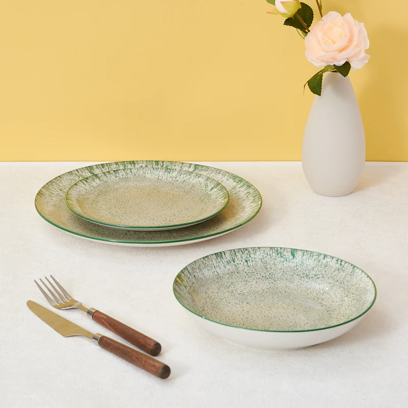 Green and White Vintage Nordic Ceramic Dinnerware Set with Fruit Plate Sublimation Dishware Featuring Coloured Trim