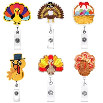 Wholesale Custom Cute Thanksgiving Day Easter Turkey Eggs Basket Felt Badge Reel For Festival Accessories