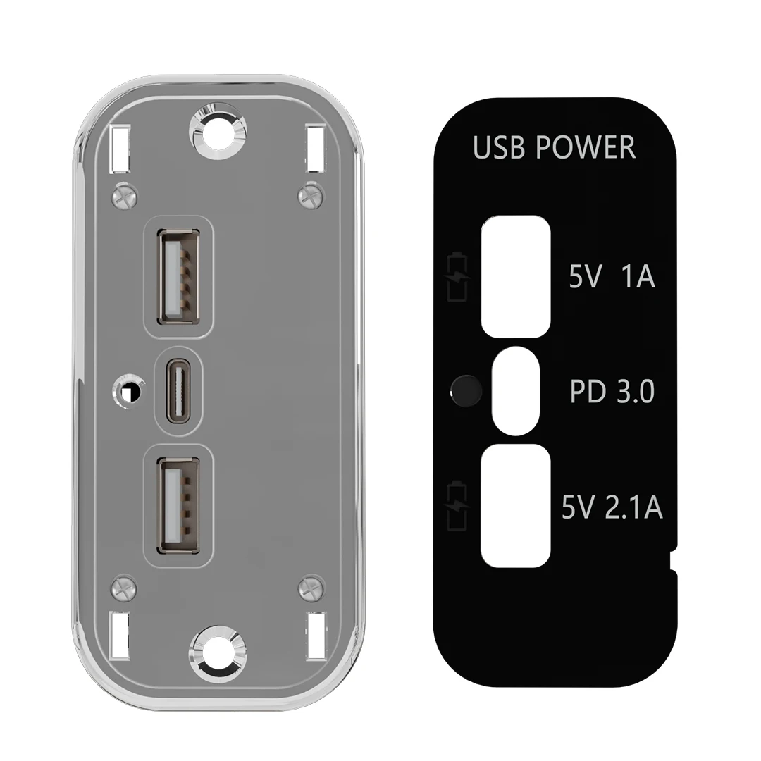 Luxury Rectangular Flush Mount 2 USB a 5V 3.1A Type C PD3.0 12V 24V 3 Usb Port Charger Power Outlet Socket for Bus Car RV Marine