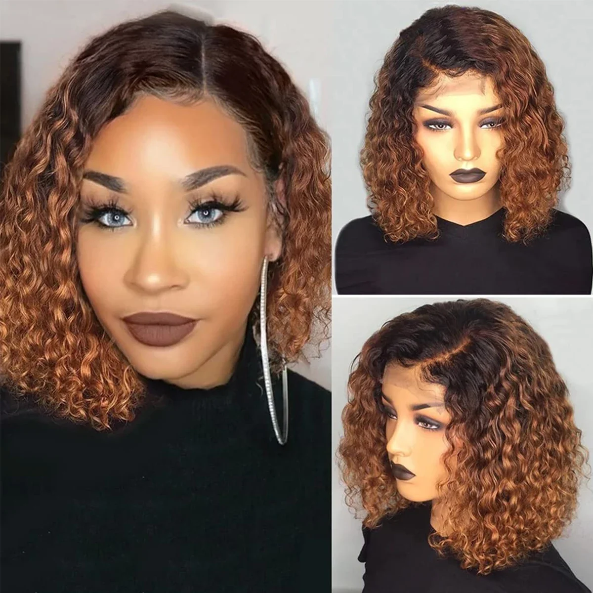 Echthaar Bob Perücke Ombré Deep Wave Mit Lace Front 180 Dichte_voghion.com