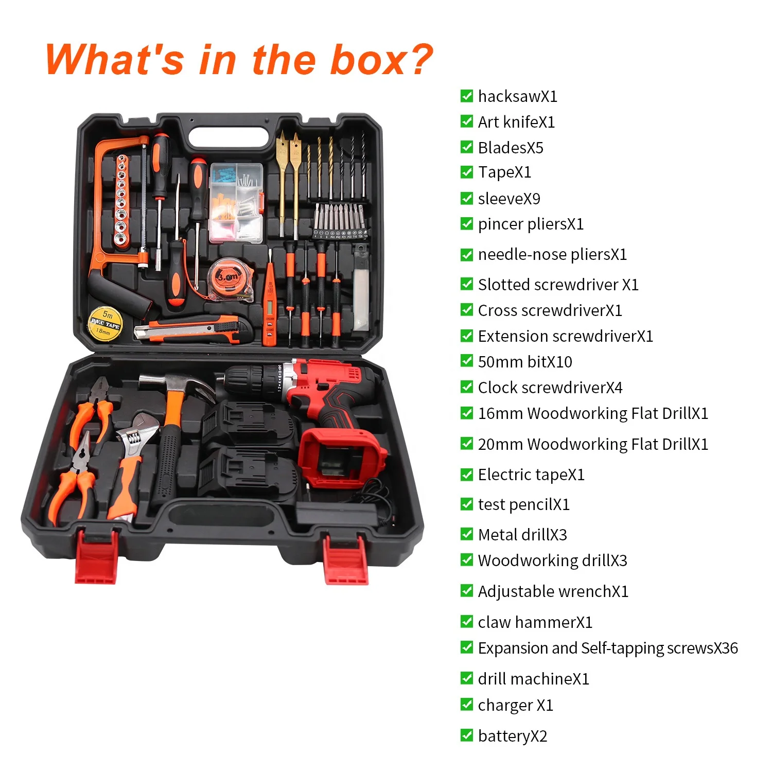 108PCS Hand Drill Tool Set Lithium Drill Tool Box Charging Power Screw Drivers Cordless Drill Power Tools Combo Kit