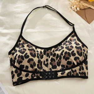 Distinctive Leopard Print Women's Push-up Sport Bra Hanging Neck Style Steel Ring Front Button Breathable Thin Bikinis Beachwear