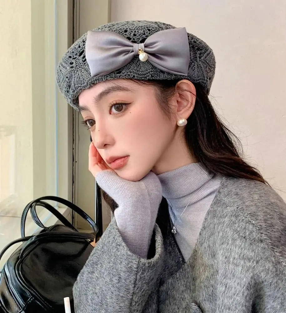 2333 Women Beret Hat Trendy Bow Pearl Woven Beret Summer Hollow Out Hat Women Beret Hat Trendy Bow Pearl Woven Beret Summer Hollow  main image 4
