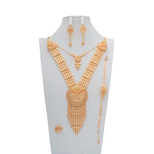 18K Gold Plated Brass Costume Jewelry Set Includes Necklace Earrings Bracelet Ring for Wedding or Gift From Dubai