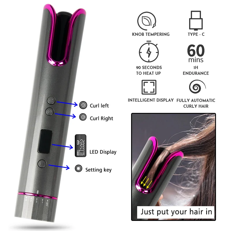 Comb Electric Cordless Auto Hair Curler,Automatic Curling Iron With Lcd