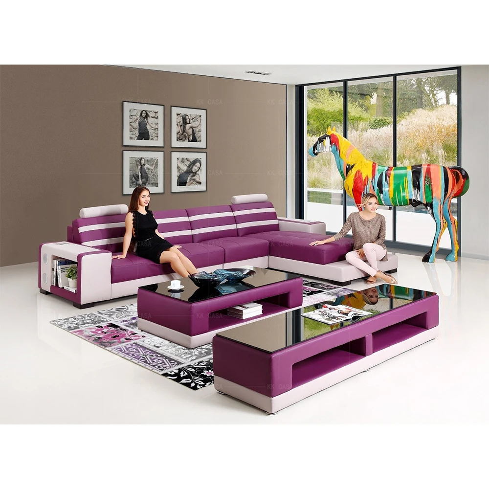 Multifunctional Modern Simple Design Purple Leather L Shape Sofa Set Living Room Home Furniture Couches Corner Sectional Sofa