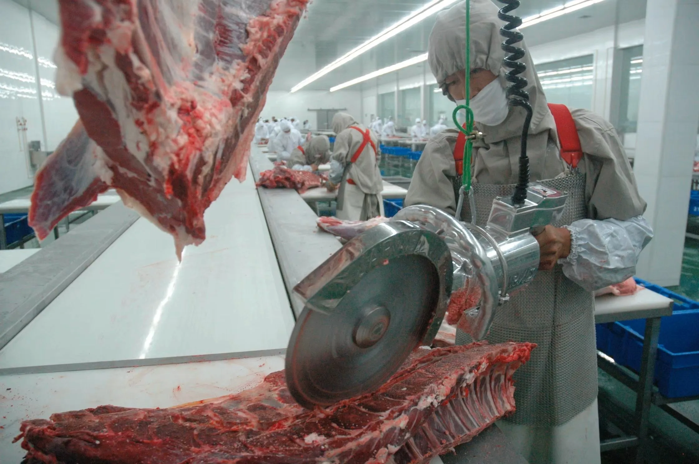 Integrated meat deboning and slitting line with conveyor belt for slaughterhouse processing