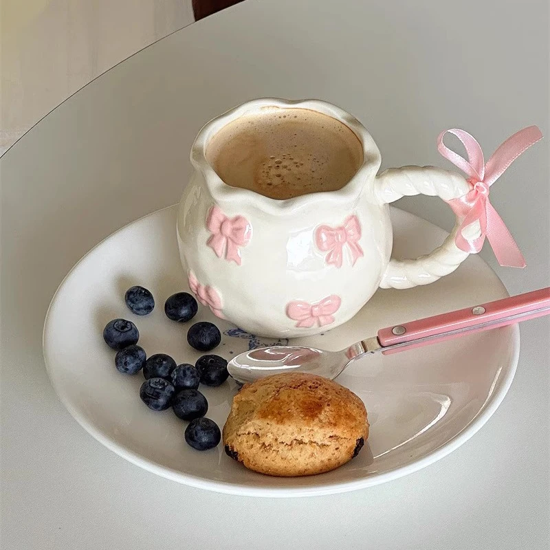 Factory Directly Sell Ins Cute Embossed pink Bow Ceramic Coffee Cup Girl Heart Princess Gift Mug