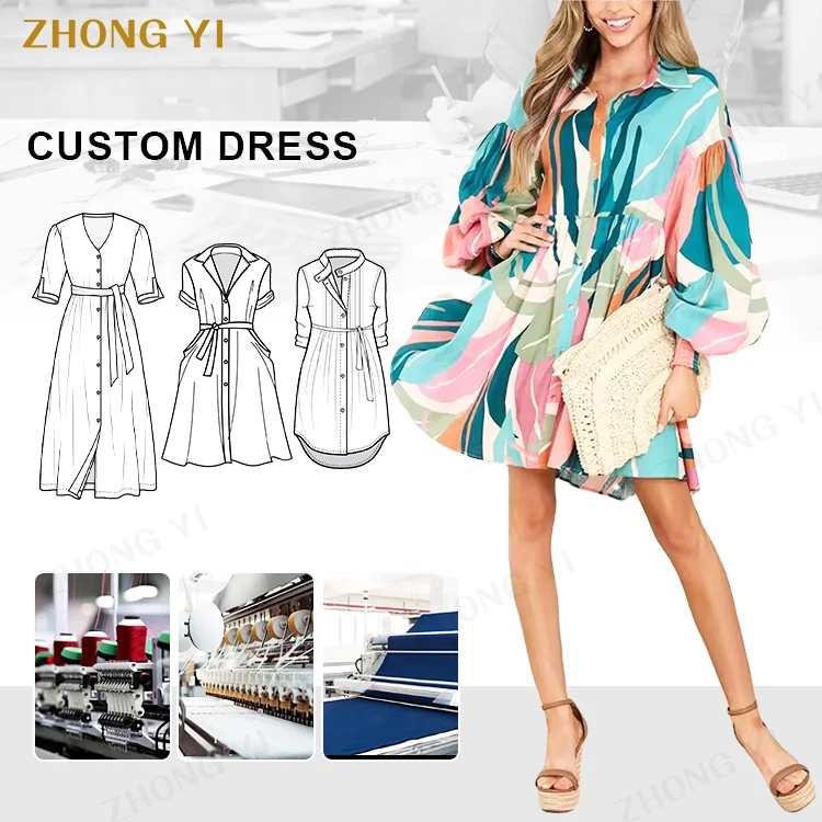 2025 Oversized Clothing Blue Multi Print Mini Dress Long Loose Sleeves Floral Casual Plus Size Women'S Dresses Lady Elegant