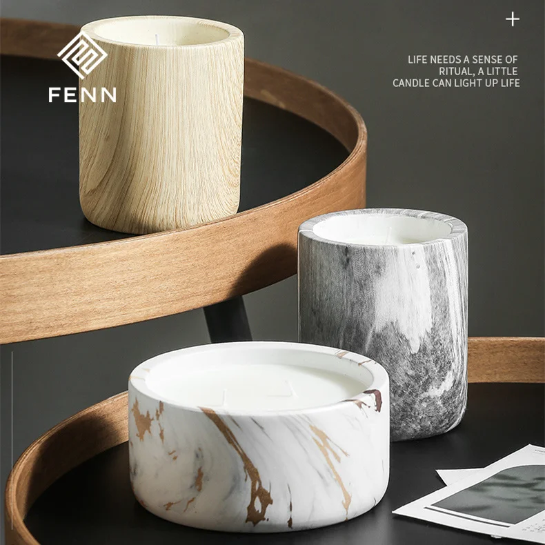 FENN Simple Wood Grain Aromatherapy Empty Ceramic Marble Candle Jar Fragrance Round Colorful Marble Candle Vessel Jar Wedding