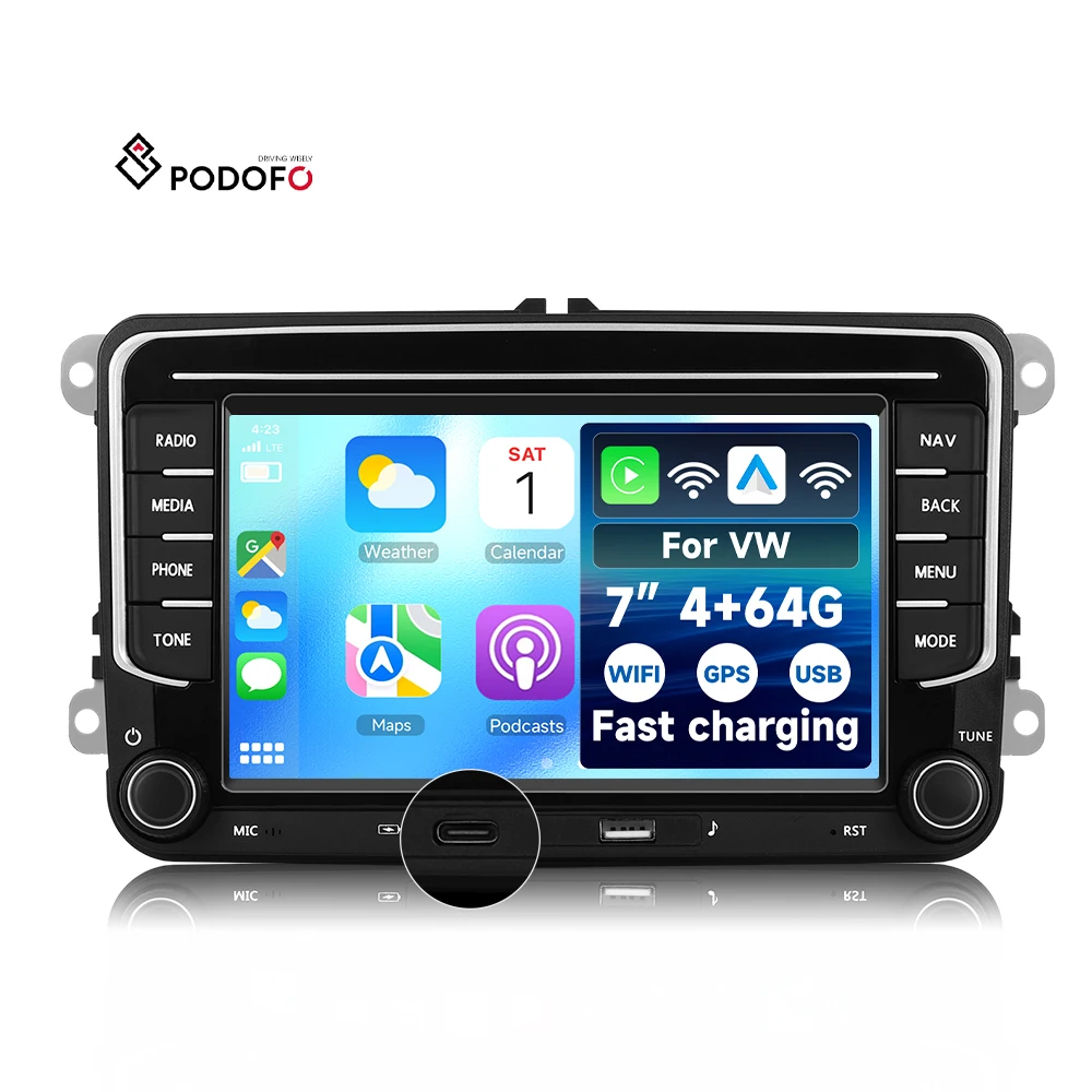 Podofo Android Car Stereo 7'' 4+64G Wireless CarPlay/Android Auto for VW Caddy/ PASSAT/POLO Type-C Fast Charging Car Audio OEM A4582