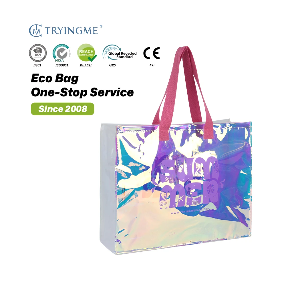Custom Laser Rainbow Tote Shopping Bag Holographic PVC Iridescent Tote Bag with Logo Pattern for Gifts