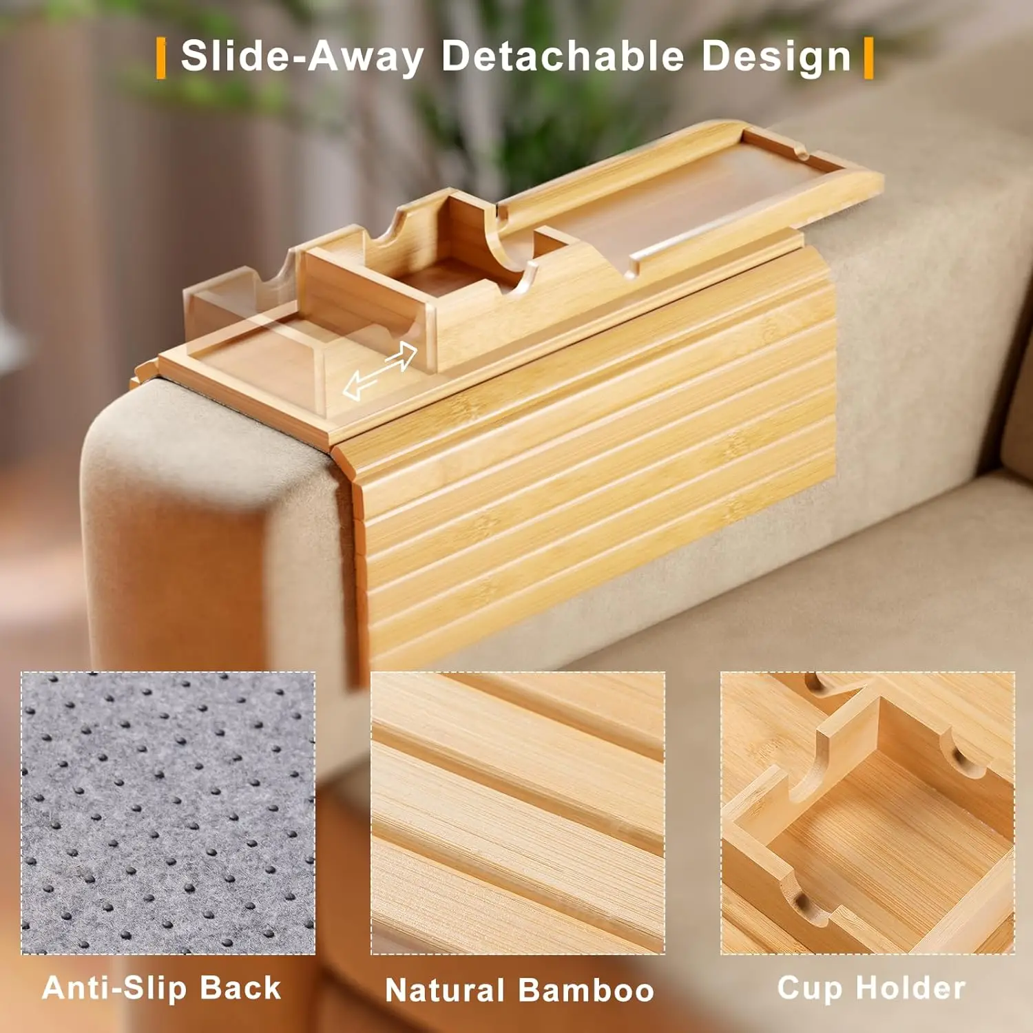 Bamboo Sofa Armrest Tray with Removable Sofa Cup Holder Part Non-slip Foldable Sofa Table Tray
