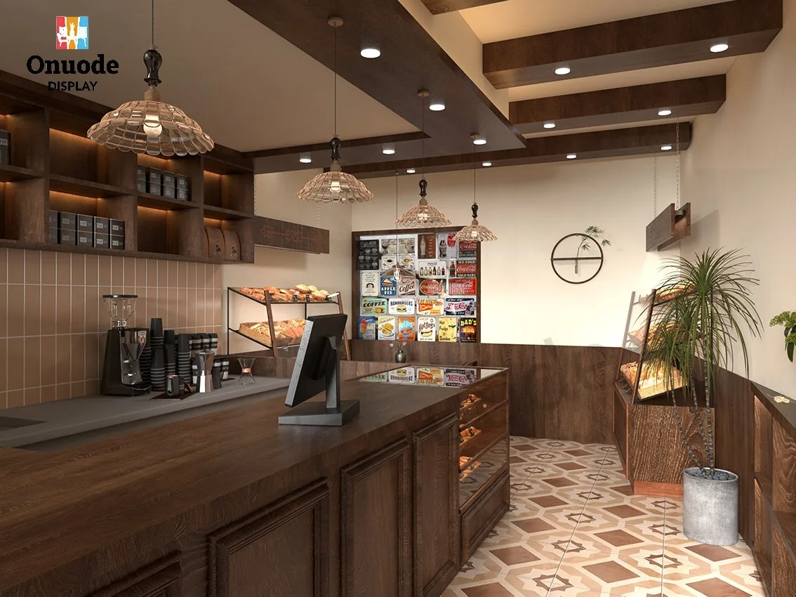 Commercial Furniture Wooden Design Coffee Bar and Wine Rack Kiosk Shelves for Cafe Interior & Showcases