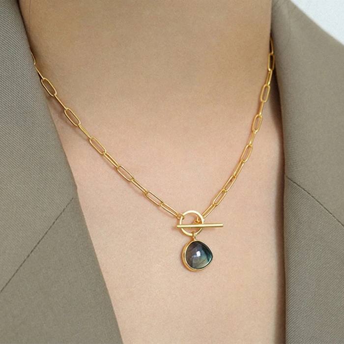 Natural Labradorite Gemstone Charm Thick Paperclip Toggle Chain 18k Gold Vermeil Jewelry 925 Sterling Silver Necklace for Women