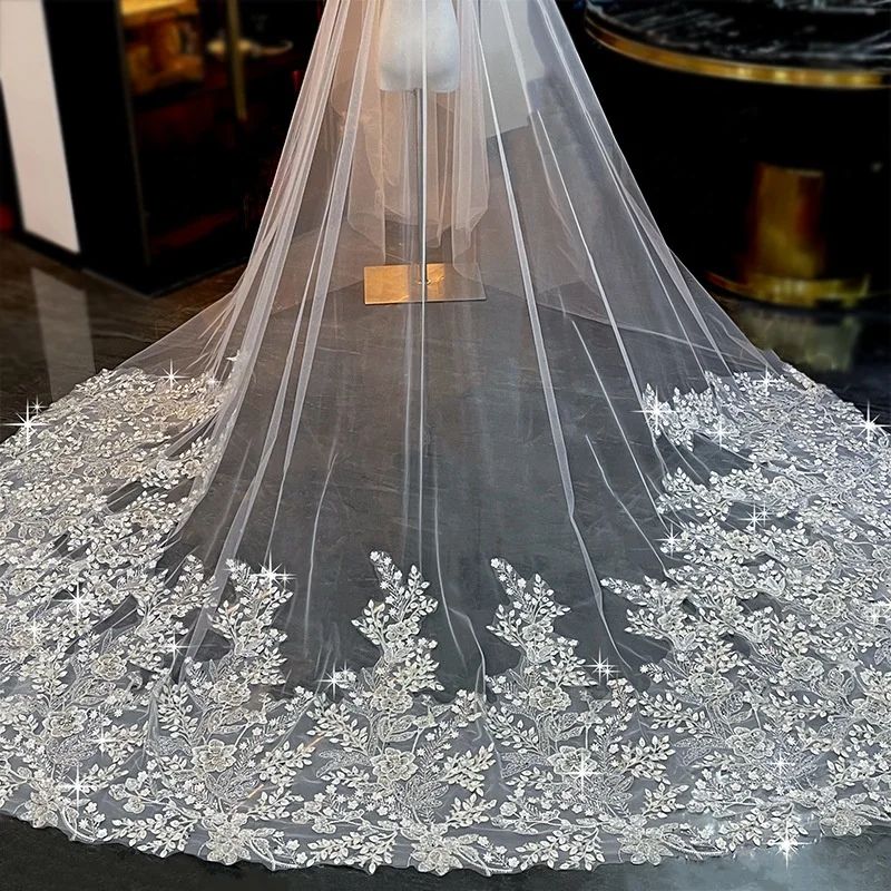 Заводская изготовленная на заказ Хрустальная вышивка бисером уникальная кружевная прозрачная свадебная вуаль Роскошная