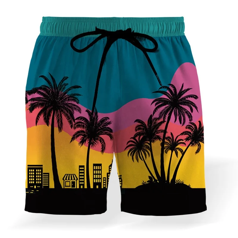 stripe swim trunk  2023 Summer New Coconut Printing Drawstring Elastic Waist Beach Shorts Loose Casual 3D Beach Shorts838_voghion.com