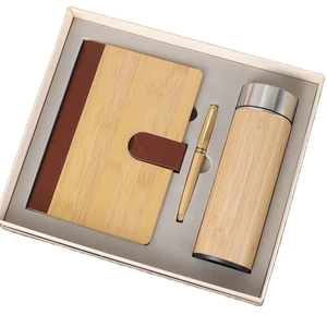 Custom Logo A5 Notebook Gifts Set Wood Bamboo Wooden Style Writing Diary Journal Notebook Cover Cooperation Gifts Set Box
