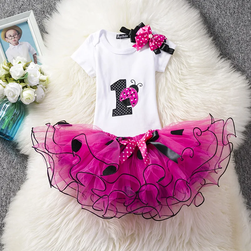 3PCS Toddler Baby Girl 1st Birthday Outfit Tutu Skirt Mesh Dress Headband Set 