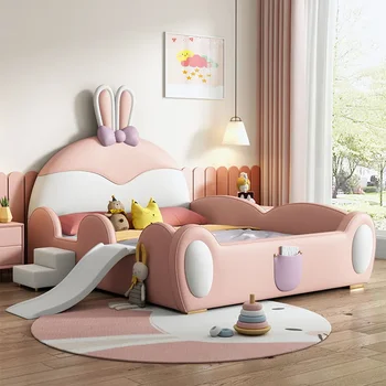 Modern Princess Bed Girls Solid Wood Kids' Beds with Guard Rail Soft Pink Finish for Bedroom Furniture