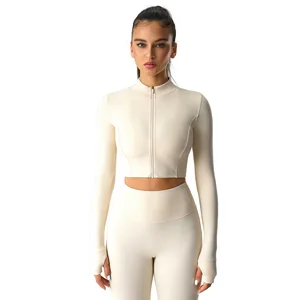 Women's Lightweight Long Sleeve Sports Jacket Cross-Border Zipper Tight Short for Outdoor Running Fitness Plus Size Front Logo