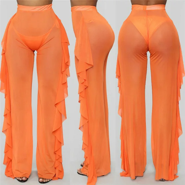 New Sexy Ruffle Women Beach Mesh Pants Sheer Wide Leg Pants