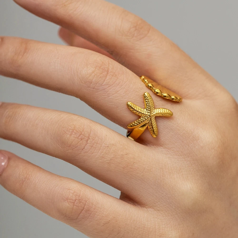 ENSKEFEN Anello A Stella Marina Con Perle Acriliche - Gioiello Regolabile Boho Ocean, Anello Statement Per Donna, Accessorio Estivo Per Spiaggia E Festival