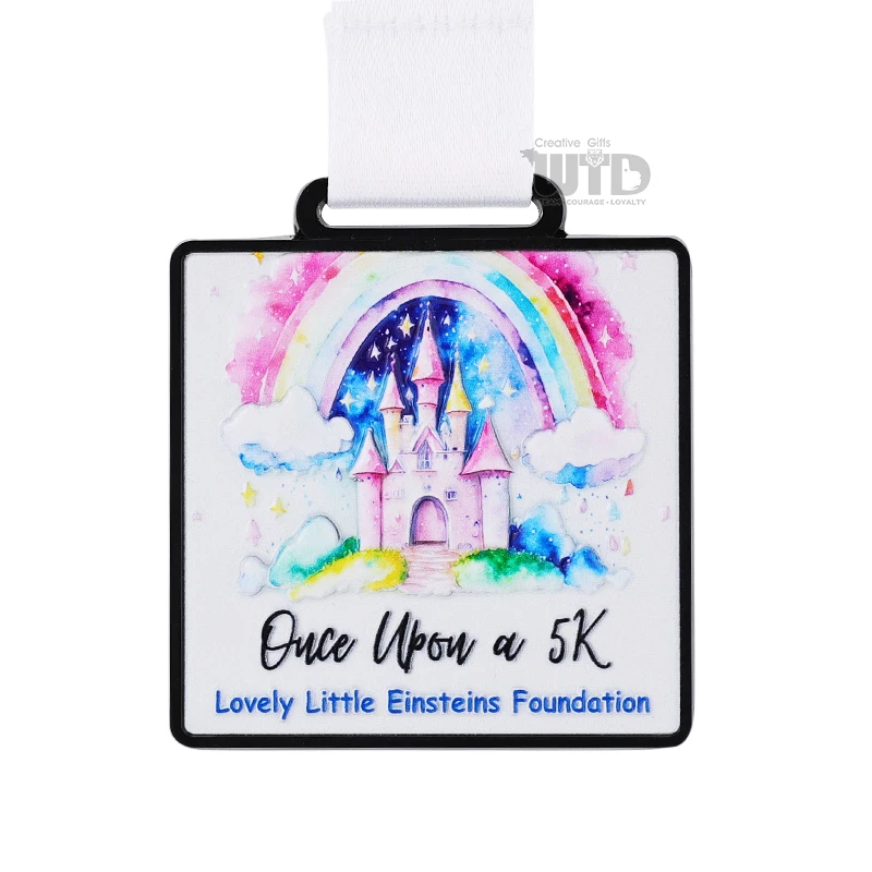 Personalized Rainbow Castle Logo Square Metal Medal 5K Running Marathon Sports Race Finisher Trophies Medals Plaques Sublimation