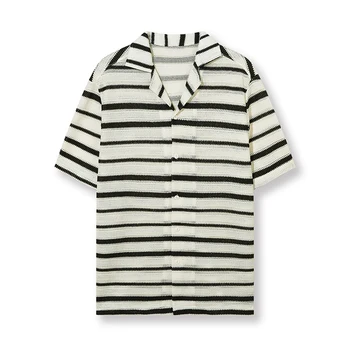 2024 New design Custom Summer Striped Loose Men Crochet Sweater Shirt Short Sleeve Polo Knit Crochet Shirt Men