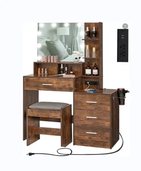 Large vanity set with illuminated mirror and charging station with 4 drawers and upholstered stool