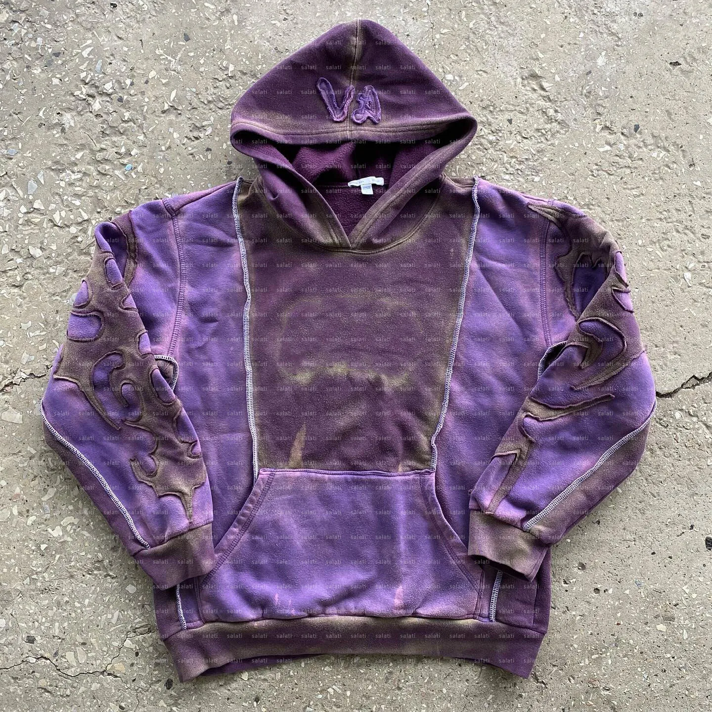 Custom Dirty Effect Sun Faded Contrast Stitch Cut and Sew Cotton French Terry Applique Patches Distressed Embroidered Hoodie Men gallery 8
