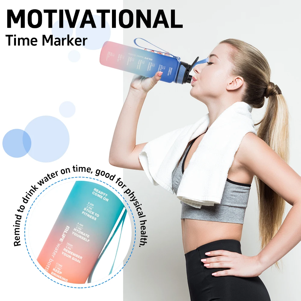 Premium Quality 1000ml Custom Logo BPA-Free Plastic Tritan Gym Water Bottles with Time Marker for Gym Sports Outdoor Activities