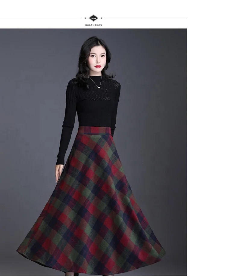 Jupe Longue Femme Hiver En Laine à Carreaux - Taille Haute élastique, Coupe A Plissée, Doublée, Pour Look élégant Et Chaud - 2