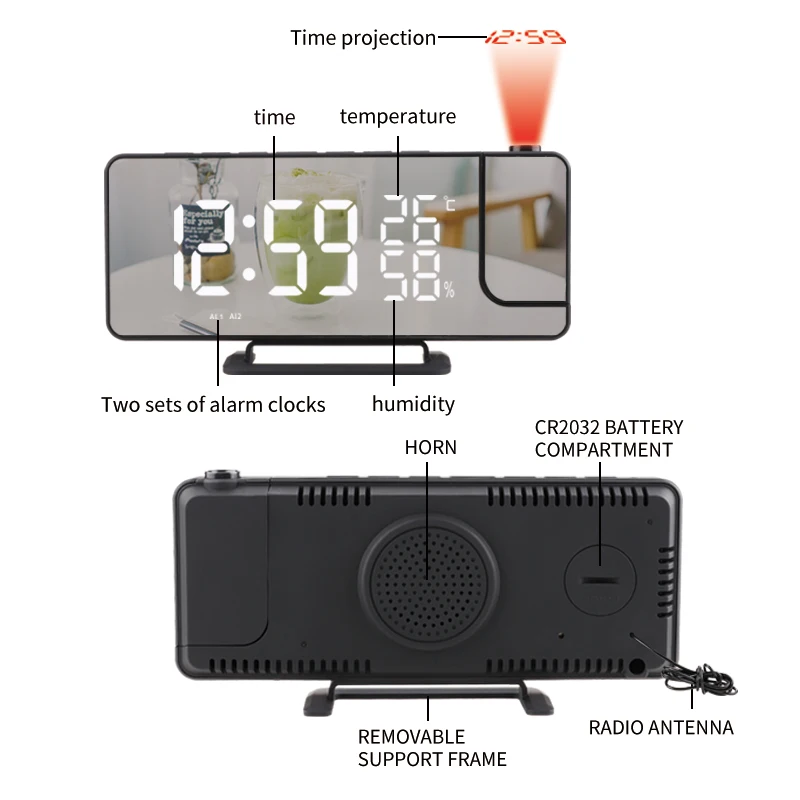 2022 Top Selling LED Mirror Desk Clock with Temperature Display Alarm Digital Projector Projection Electronic Desktop Clocks