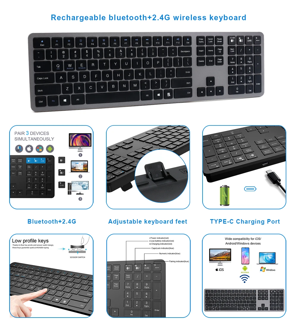 Office Full Size Type C 2.4g Bluetooth Wireless Dual Channel Magic