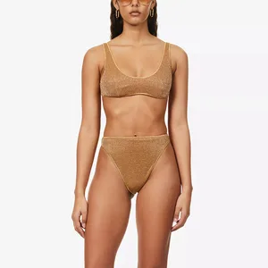 Bikini Swimsuit Manufacturer Women Custom Scoop Neck Bikini All Over Metallic Weave Beachwear Sexy Bathing Suit 2 Pcs Swimwear