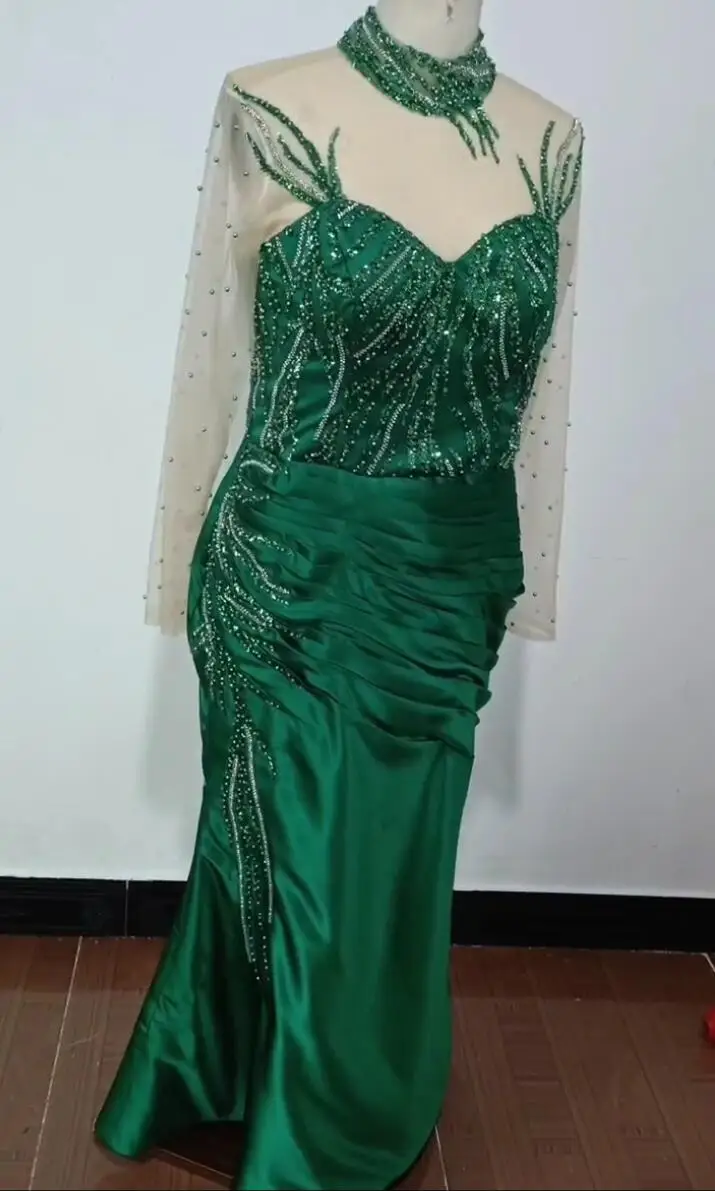 2024 African Green Mermaid Prom Dresses High Neck Long Sleeve Beaded Lace Evening Dress Floor Length Mermaid Sequined Dress